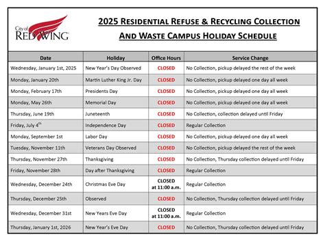 red wing garbage holidays